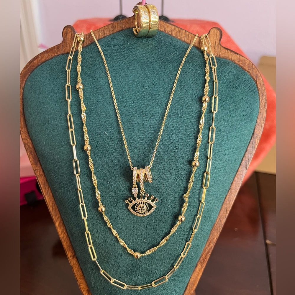 Gold 3 Necklaces; Evil Eye Pendant; Paperclip; Twisted Rope Beaded; Earrings!